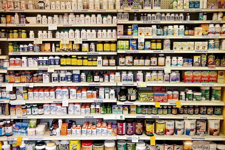 Vitamin shelf of a health food store.